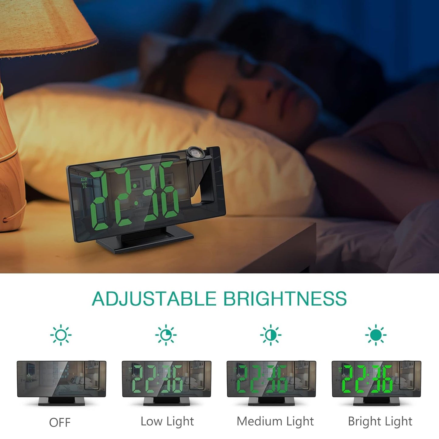 ZUDEX Projection Alarm Clock, LED Electronic Alarm Clock, 7.8" Mirror Desk Alarm Clock with Temperature, Adjustable Brightness, Snooze Mode for Bedroom, Office