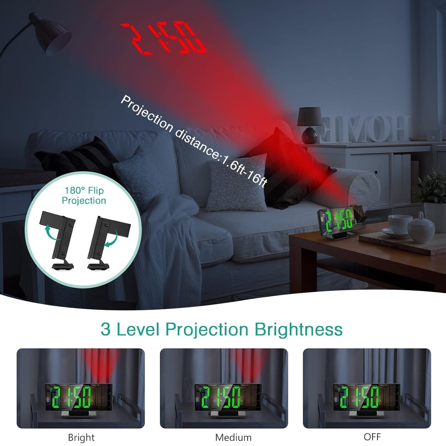 ZUDEX Projection Alarm Clock, LED Electronic Alarm Clock, 7.8" Mirror Desk Alarm Clock with Temperature, Adjustable Brightness, Snooze Mode for Bedroom, Office