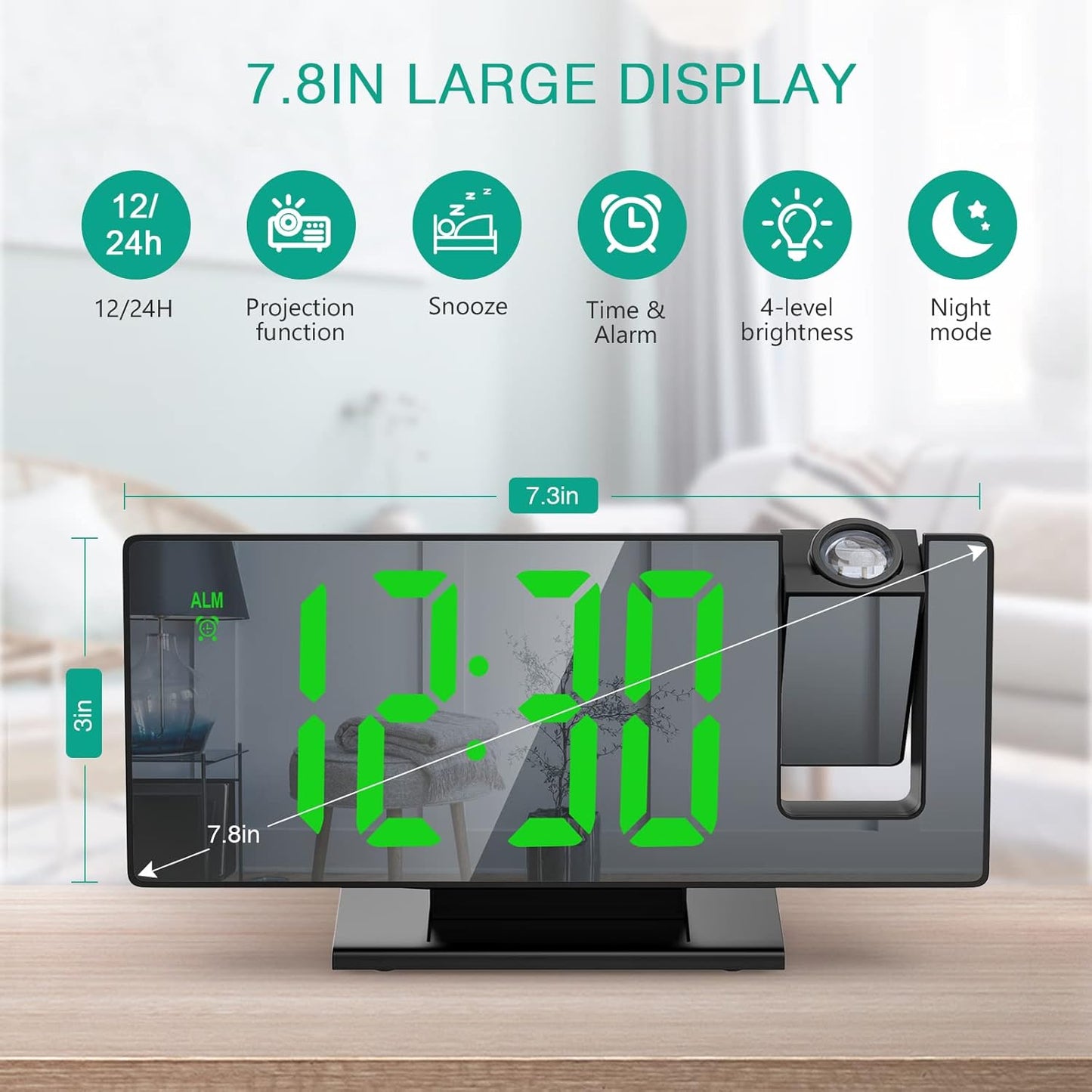 ZUDEX Projection Alarm Clock, LED Electronic Alarm Clock, 7.8" Mirror Desk Alarm Clock with Temperature, Adjustable Brightness, Snooze Mode for Bedroom, Office