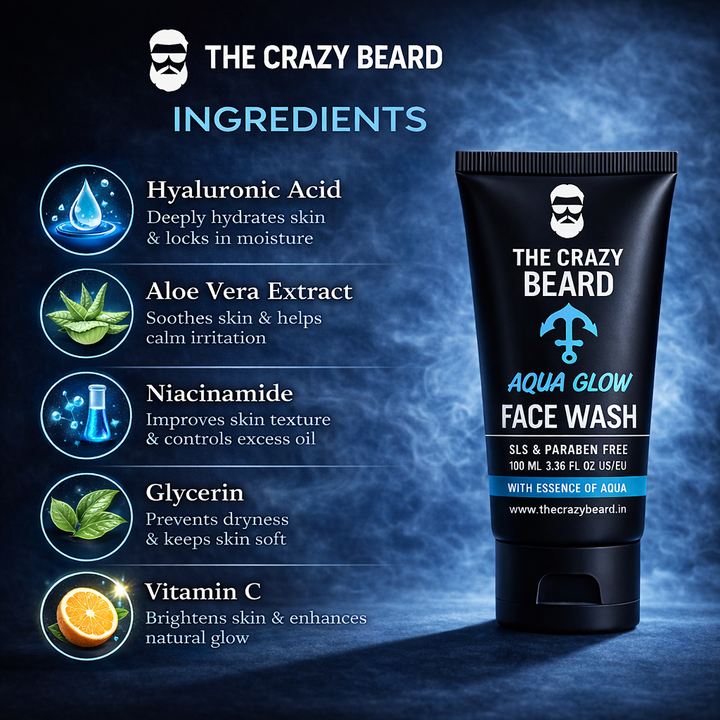 The Crazy Beard Aqua Glow Face Wash for Men – Hydrating & Refreshing Cleanser | (Buy 1 Get 1 Free)